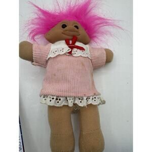 Vintage Troll Doll Plush Girl Pink Hair Brown Eyes 80s 90s 7” Corduroy Dress